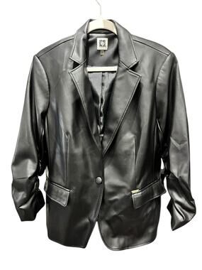 Anne Klein Women's Ruched Sleeve Black Pleather Jacket SIZE Large